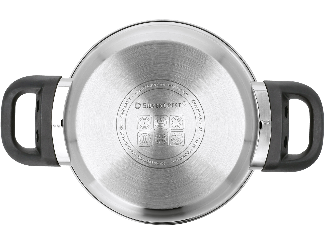 Fundo do mini-panela de arroz Silvercrest com informações do fabricante e símbolos de compatibilidade.