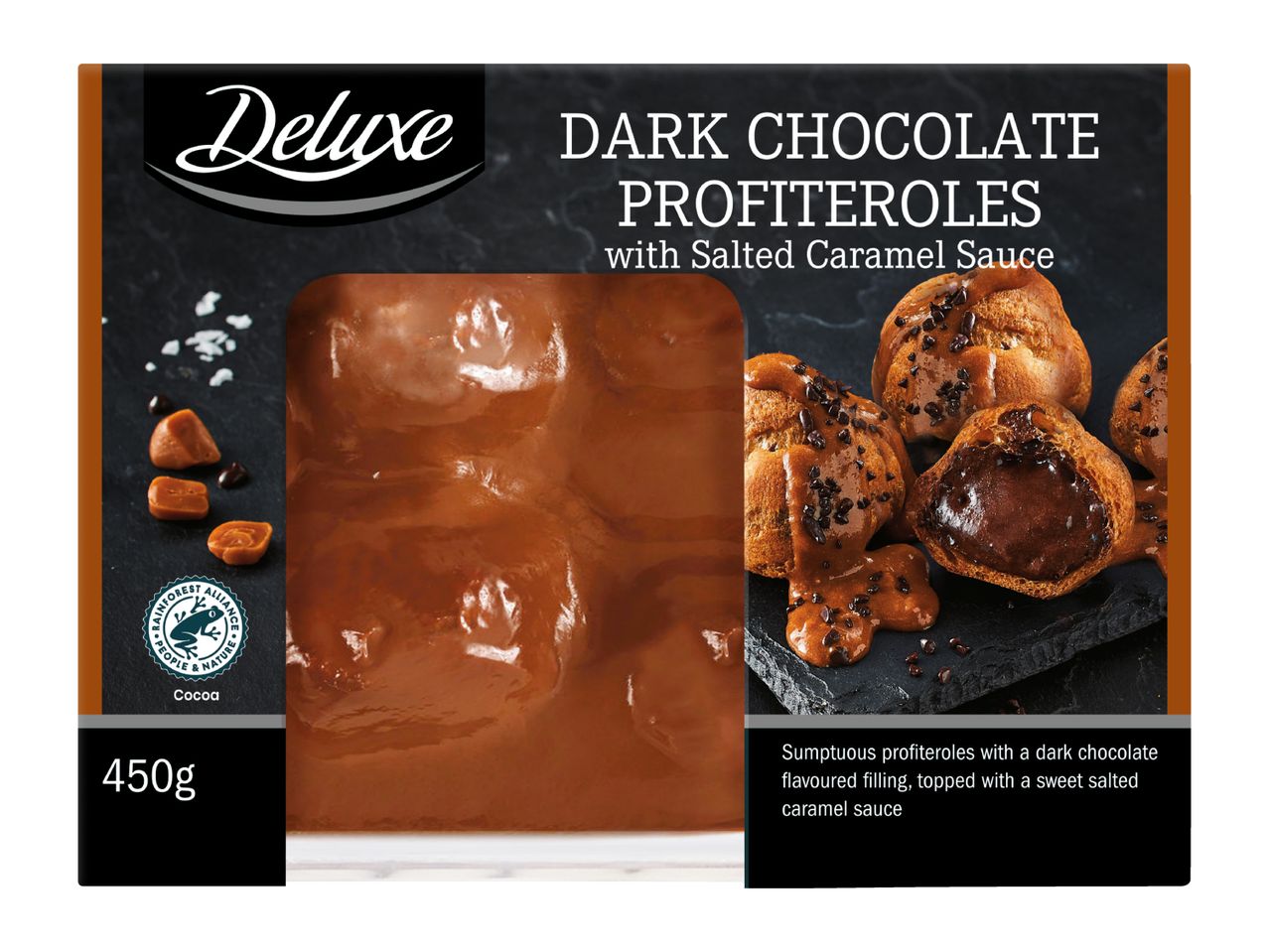 Deluxe Dark Chocolate Profiteroles with Salted Caramel Sauce packaging.