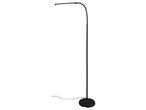 Lampada da terra nera con braccio flessibile e luce LED integrata.
