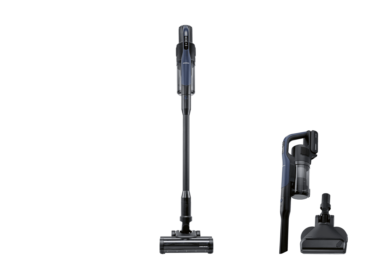 Aspirateur-balai sans fil et aspirateur à main avec accessoires sur fond noir.