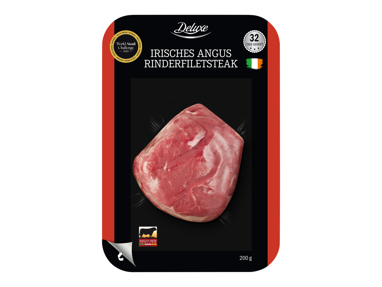 Verpakking Iers Angus runderfiletsteak, 200g, met 'World Steak Challenge 2025' gouden medaille.