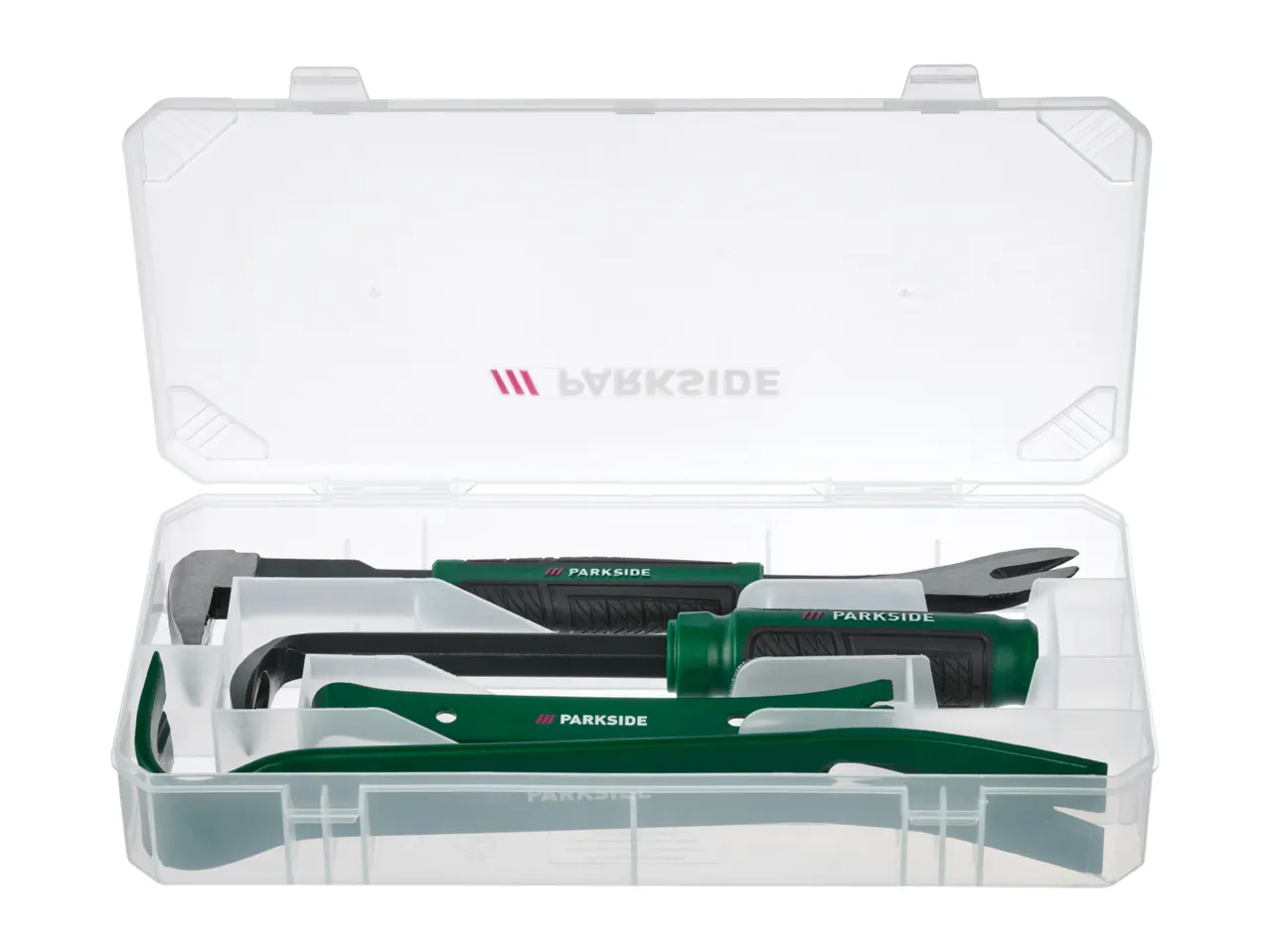 A clear plastic case containing various green and black Parkside tools, including pry bars.