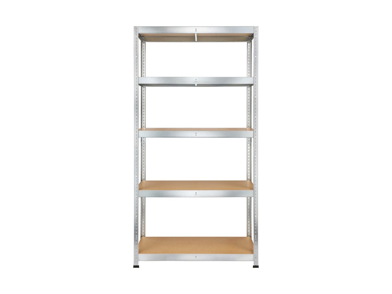 A silver metal shelving unit with five wooden shelves stands against a white background.