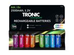 En pakke med 8 Tronic genopladelige AA-batterier i forskellige farver, 2500mAh, 1.2V.