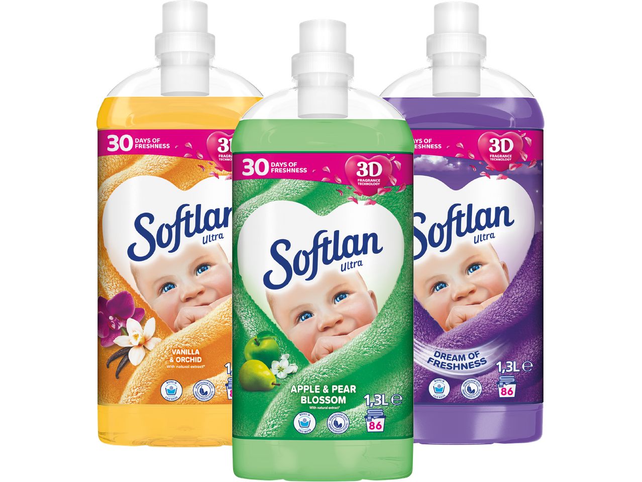 Tre flaskor Softlan Ultra sköljmedel i vanilj & orkidé, äpple & päronblom och Dream of Freshness.