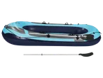 Blue and grey inflatable boat with oars.