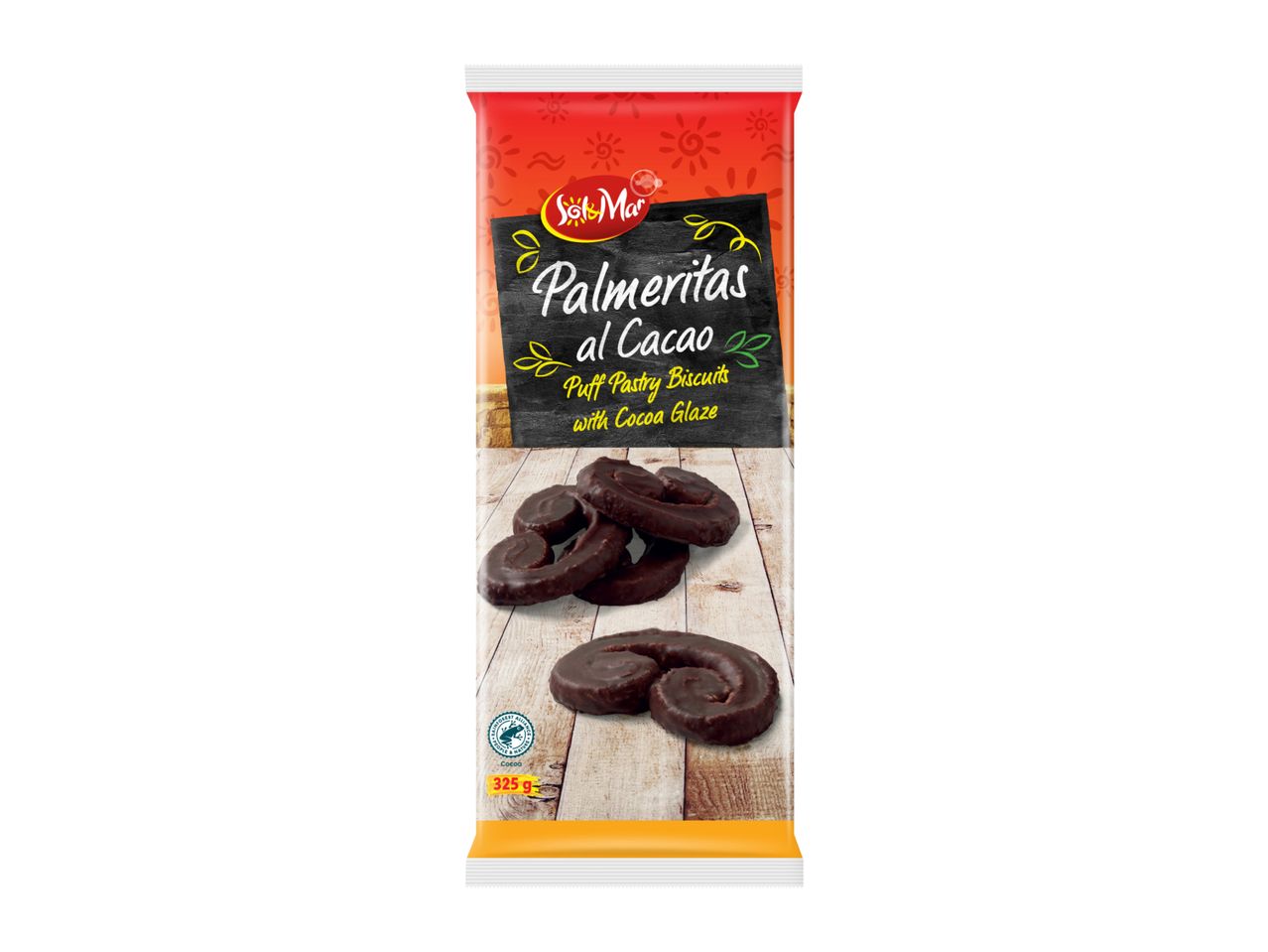 Packaging for cocoa-glazed puff pastry biscuits, with text 'Palmeritas al Cacao' and '325 g'.