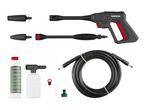 Pressure washer gun with various nozzles, detergent bottle, foam sprayer, and hose.