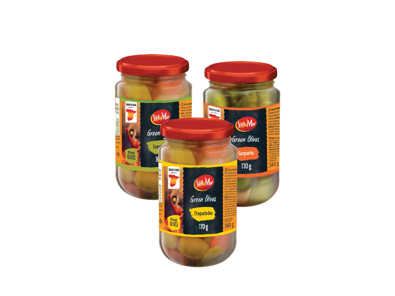 Trys stiklainiai „Sol&Mar“ prekės ženklo žaliųjų alyvuogių, įskaitant be kauliukų, gazpacho ir chupadedos veisles.