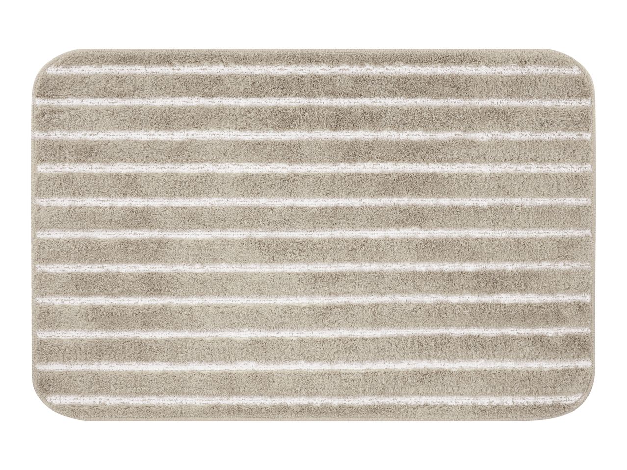 Rectangular beige bath mat with horizontal white stripes