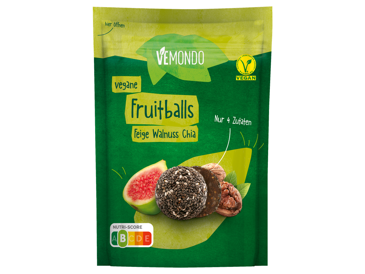 Vemondo vegane Fruchtbällchen mit Feige, Walnuss und Chia, mit Nutri-Score A.
