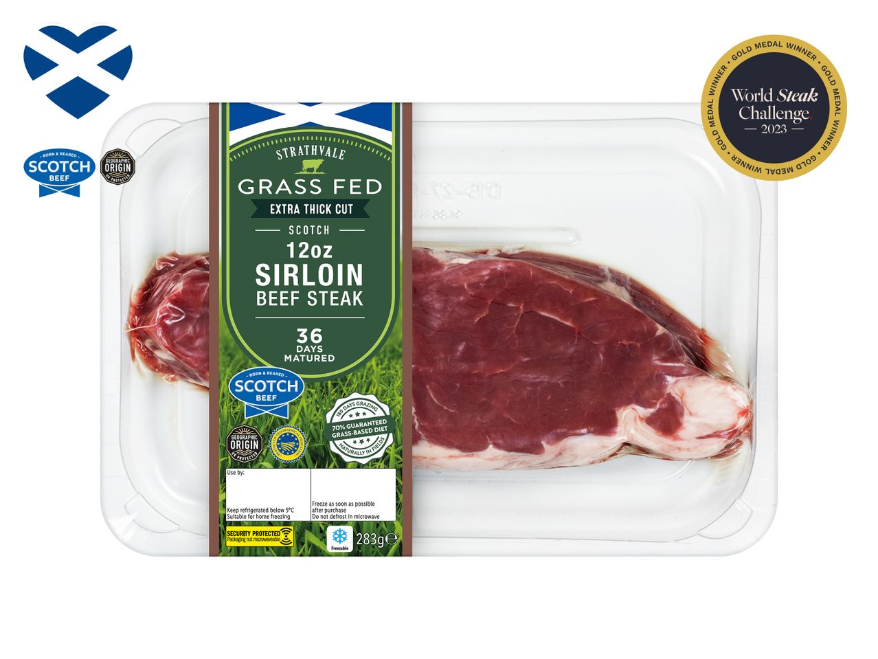 12oz Scotch sirloin beef steak, grass-fed, in packaging.