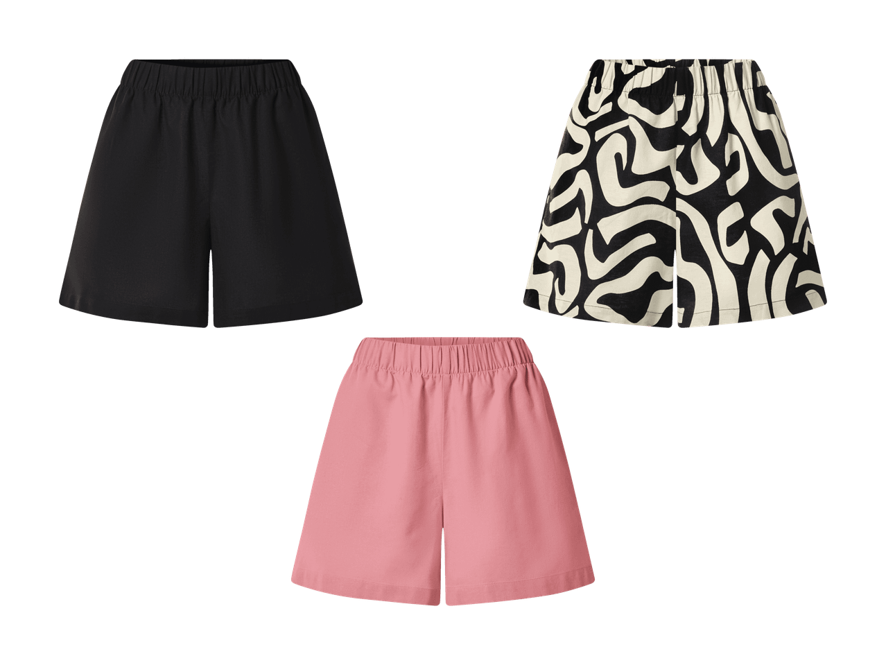 Drei Sommershorts: eine schwarze, eine rosa und eine mit abstraktem Schwarz-Weiß-Muster.