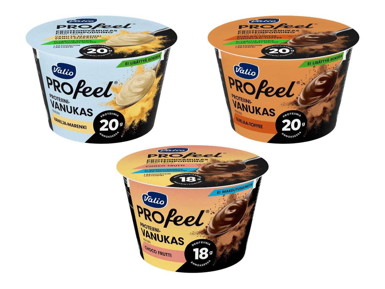 Valio Profeel proteiinivanukkaat vanilja-marenki, suklaa-toffee ja choco frutti makuina.