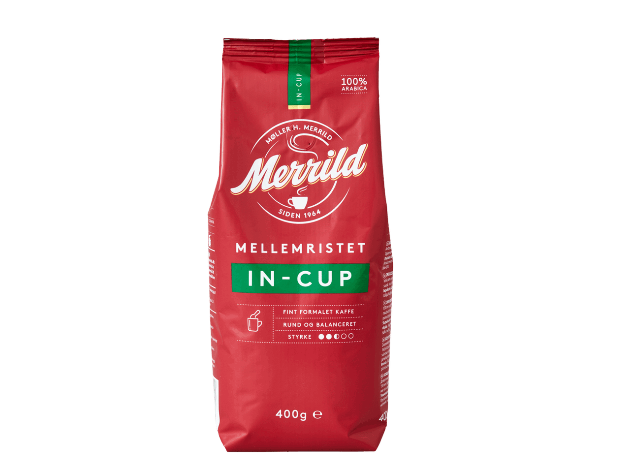 Merrild In-Cup malta kafija, 100% Arabica, 400g iepakojums.