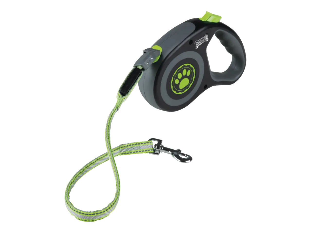 Pilkas ir žalias ištraukiamas pavadėlis šunims su letenos atspaudo logotipu.