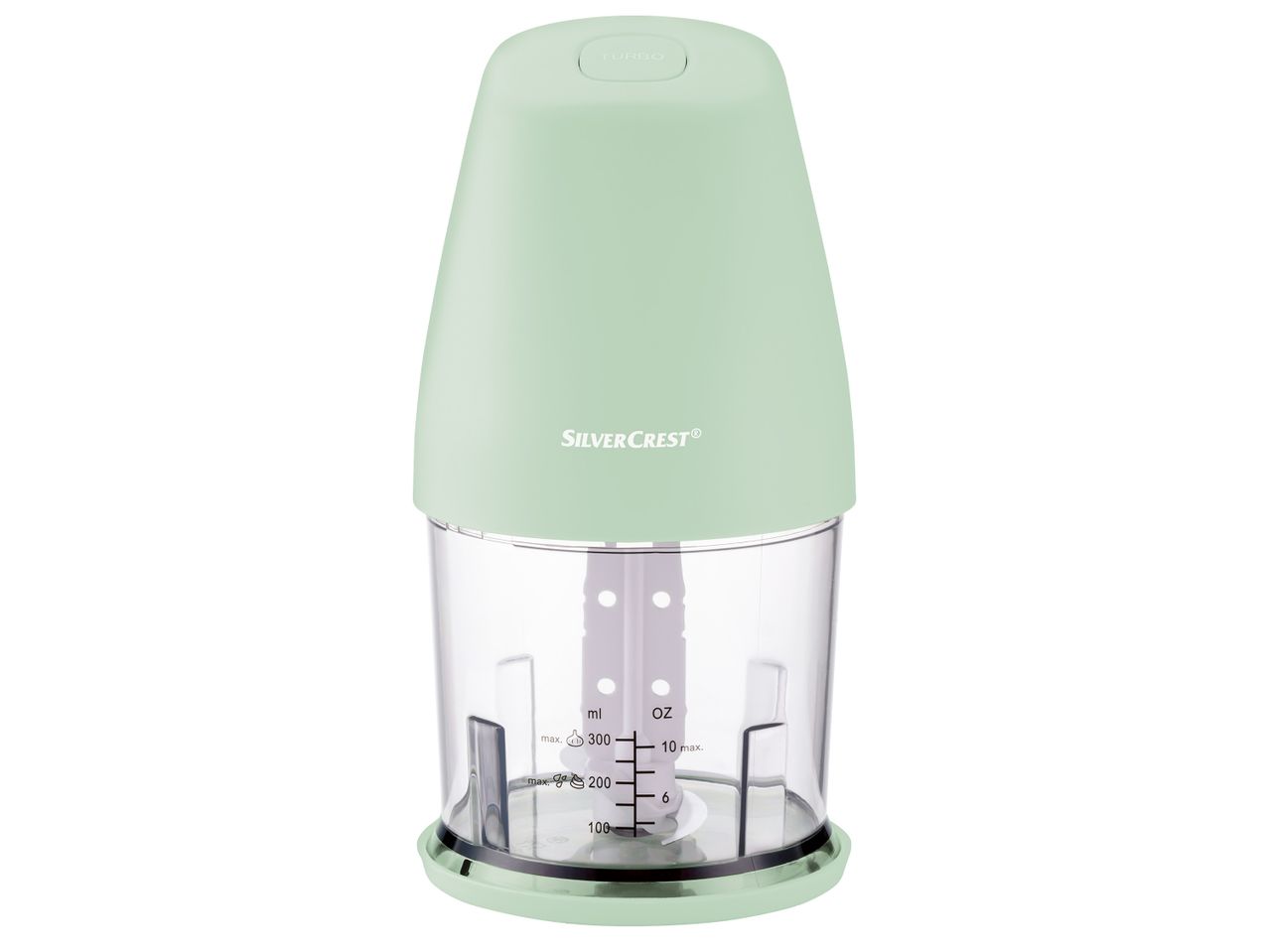 Светлозелен мултифункционален чопър Silvercrest® Kitchen Tools с прозрачна купа за смесване.