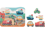 LUPILU® Aktyvus žaislas: medinis galvosūkis su transporto priemonėmis: traukiniu, automobiliu, laivu, sraigtasparniu ir motoroleriu.