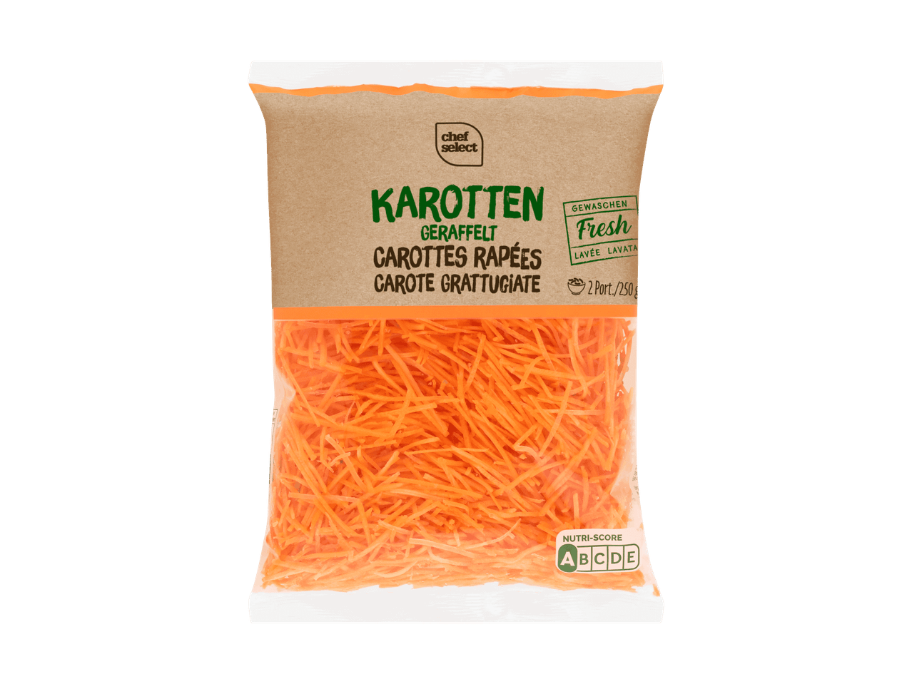 Paquet de carottes râpées fraîches avec Nutri-Score A.