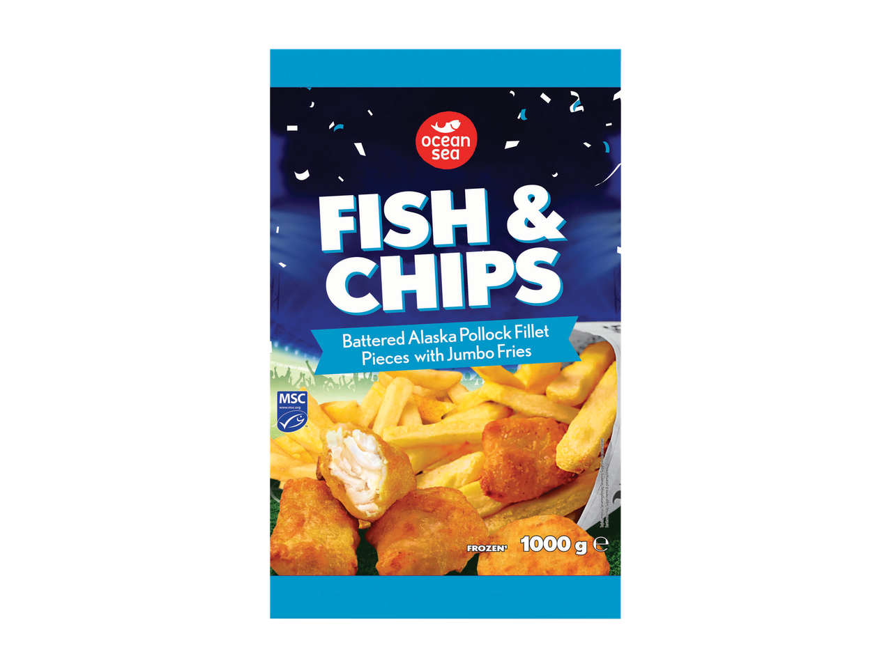 Confezione surgelata di pesce e patatine fritte.