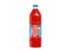 Een fles rode frisdrank met aardbei- en frambozensmaak, met een blauwe dop.