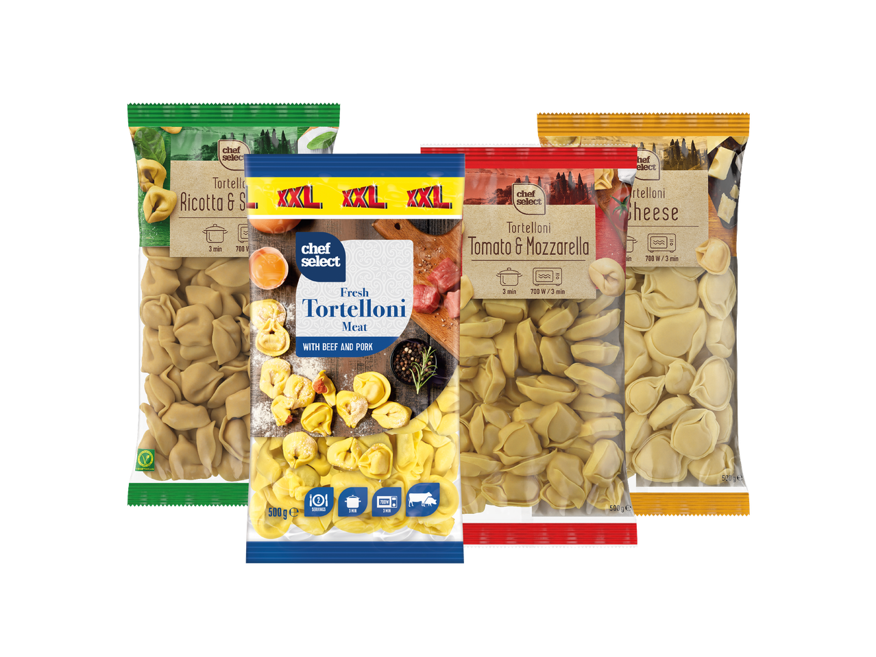 Chef Select torteloni u četiri varijante: meso, ricotta i špinat, rajčica i mozzarella te sir.