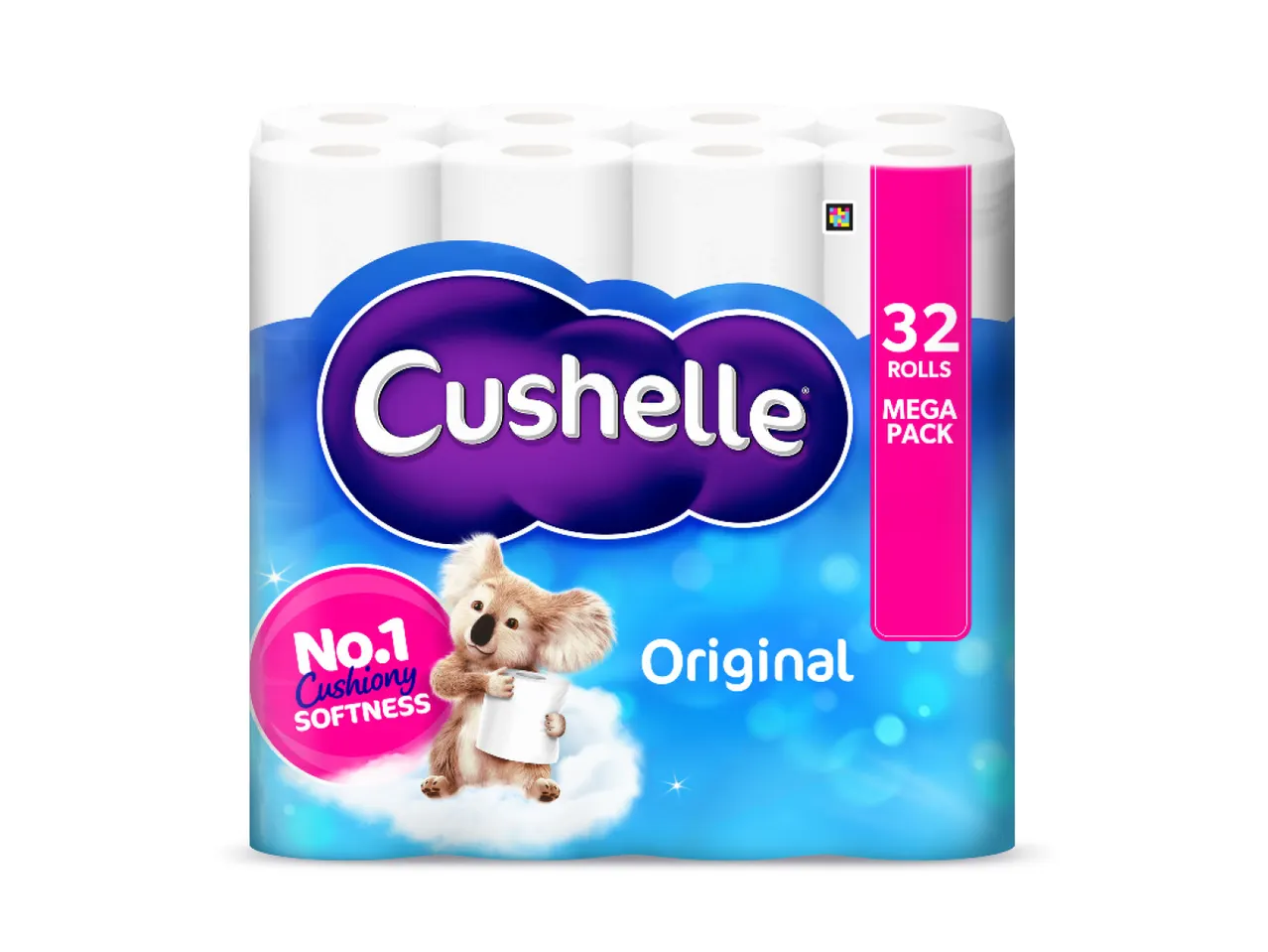 Cushelle Original toilet paper, 32 rolls mega pack, with a koala mascot on a cloud.
