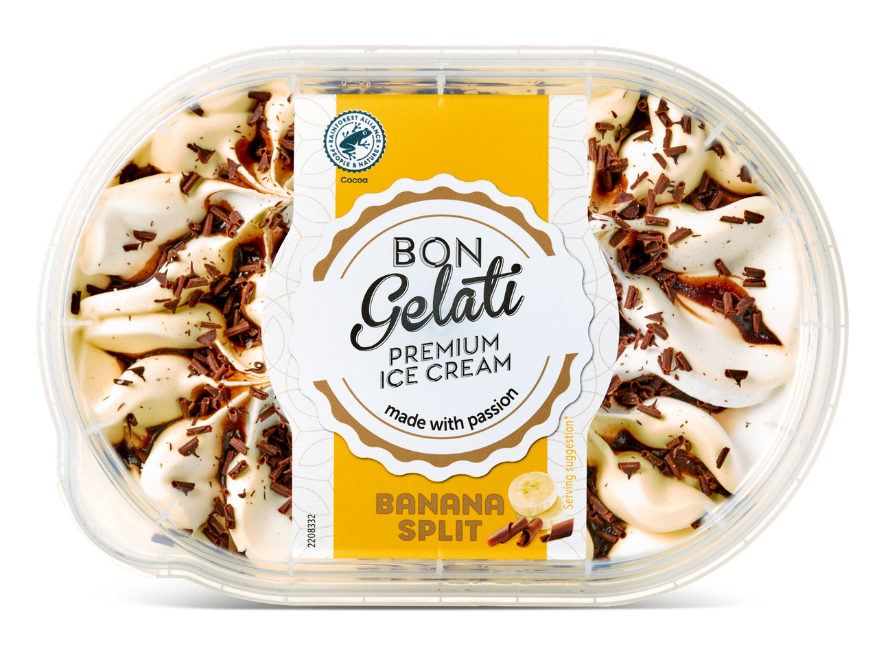 Bon Gelati Bananensplit premium ijs in een plastic bakje.