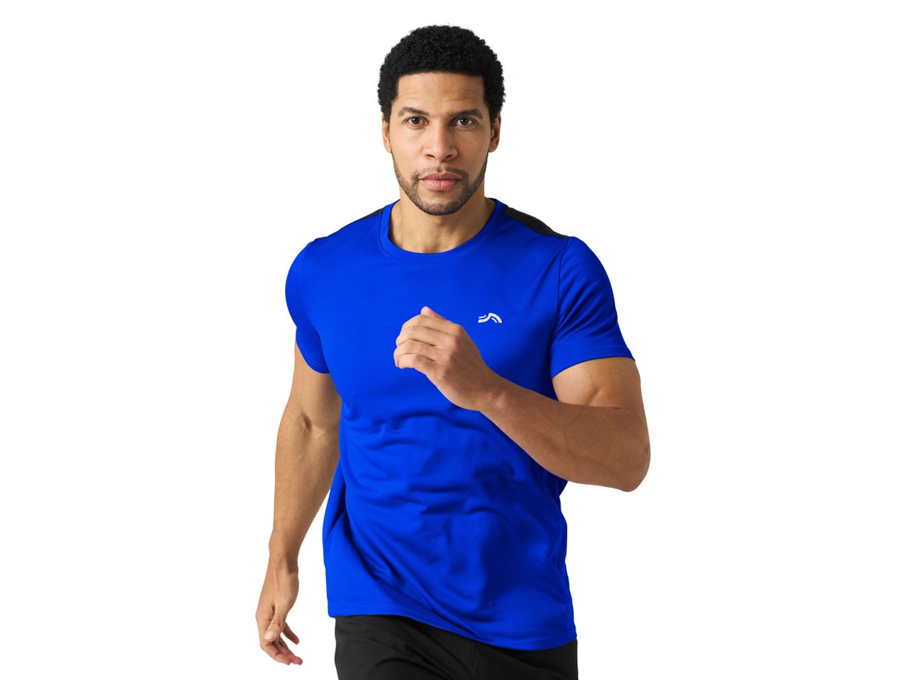A man in a blue running shirt is jogging.