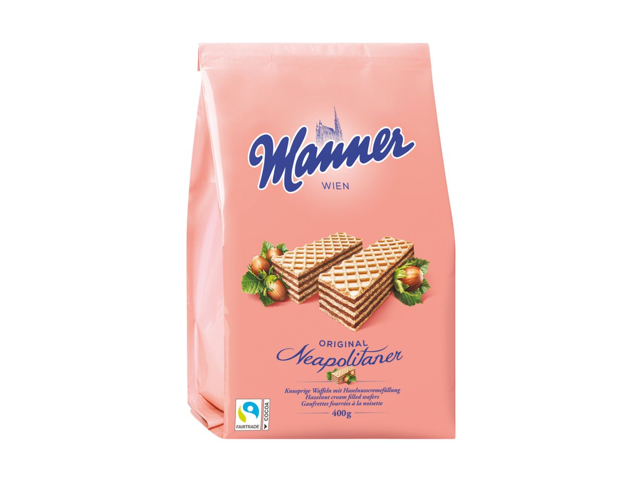 A pink bag of Manner Neapolitaner hazelnut cream filled wafers.