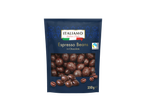 Italiamo Espresso Beans in Chocolate, 250g package with Fairtrade cocoa logo.