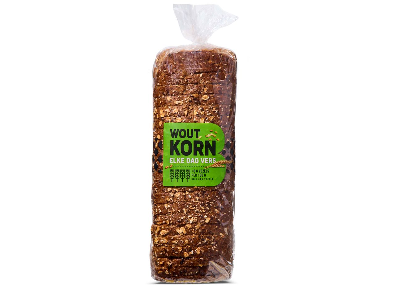 Wout Korn volkorenbrood, rijk aan vezels.