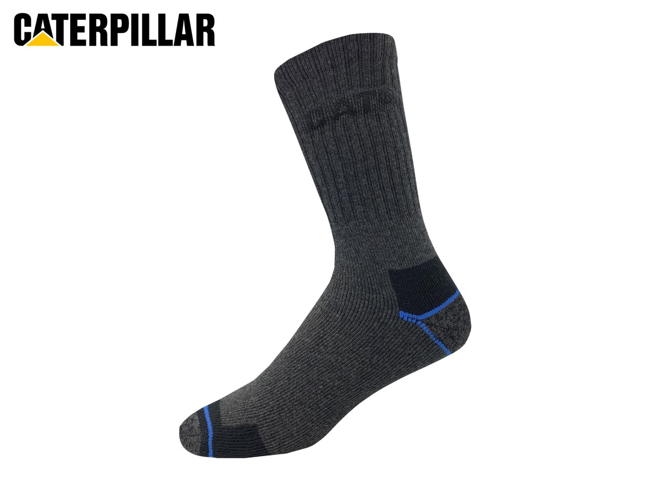Dark grey sock with blue accents on the toe and heel
