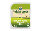 Verpakking met 15 plakjes jonge Goudse kaas, 48+, geschikt voor vegetariërs.