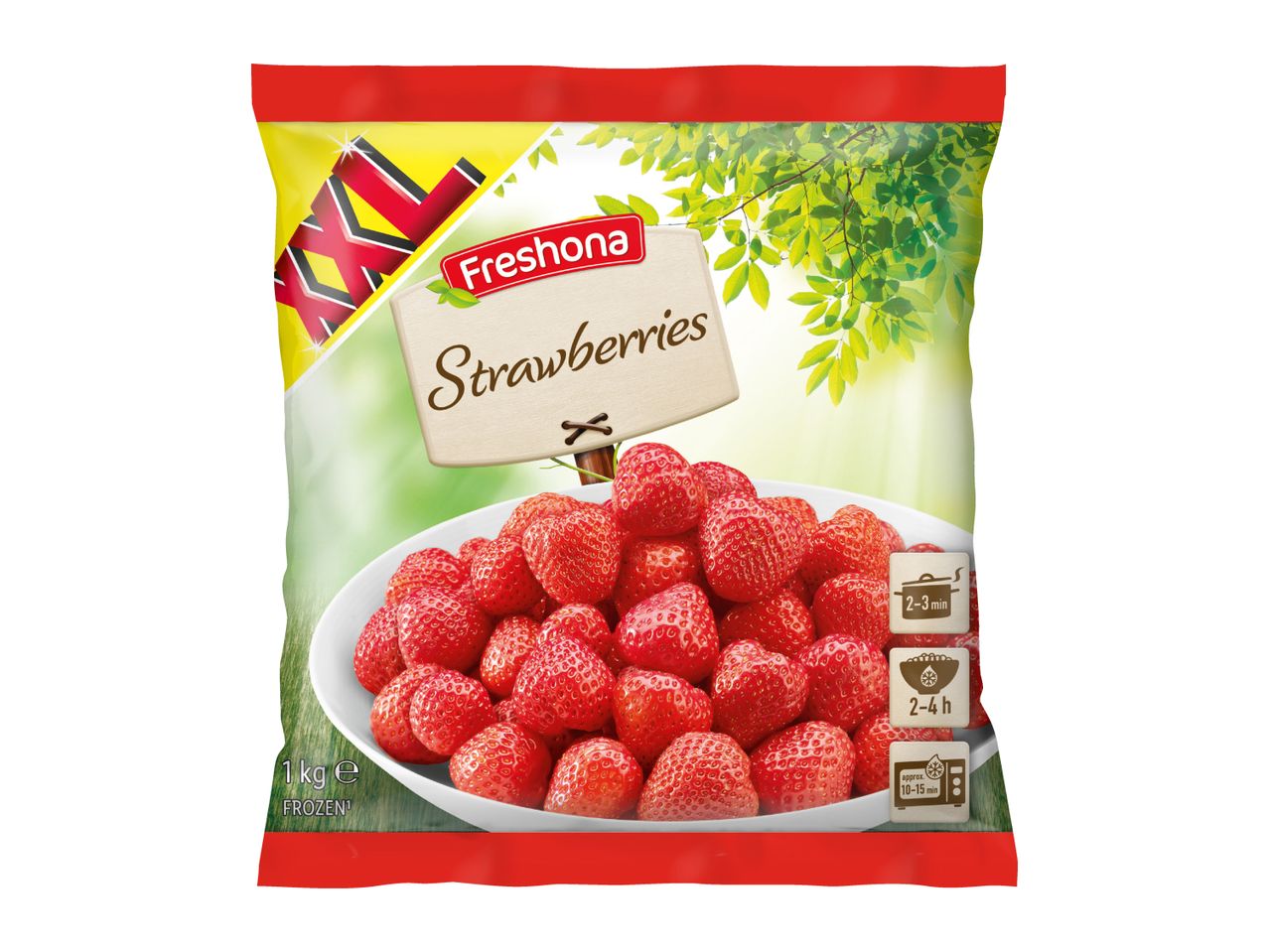 Frozen strawberries in a bag with cooking instructions.