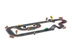 A wooden race track toy set with cars, figures, and accessories.