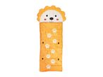 A child's orange lion-shaped sleeping bag with paw prints.