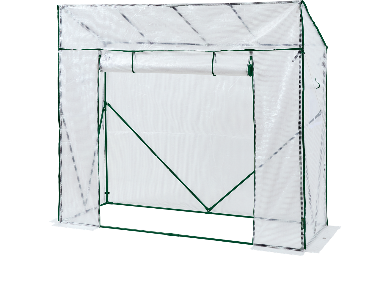 PARKSIDE® Greenhouse with a roll-up front panel, featuring a white grid-patterned cover and green frame.