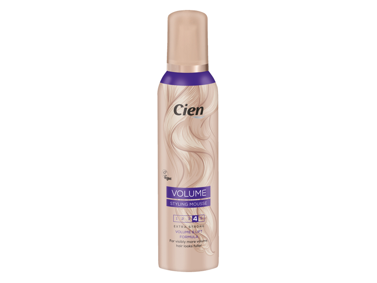 Spumă de styling Cien Volume, fixare extra puternică, pentru un păr vizibil mai voluminos.