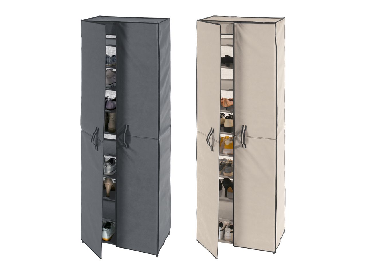 Zwei Stoffschuhschränke in Grau und Beige, gefüllt mit verschiedenen Schuhen.