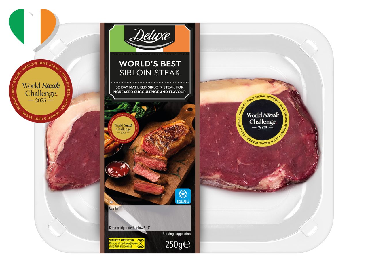 Two sirloin steaks in packaging, labeled 'World's Best Sirloin Steak' and 'World Steak Challenge 2025' winner.