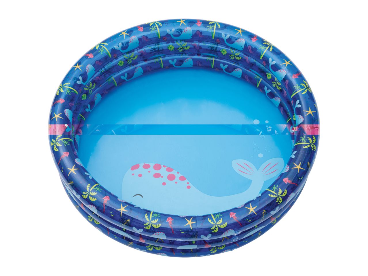 Blue inflatable paddling pool with whale and sea-themed patterns