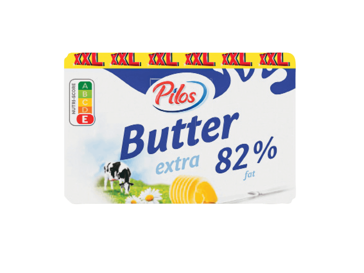 Pilos sviestas „XXL“ su 82 % riebalų ir „Nutri-Score E“ ženklu.