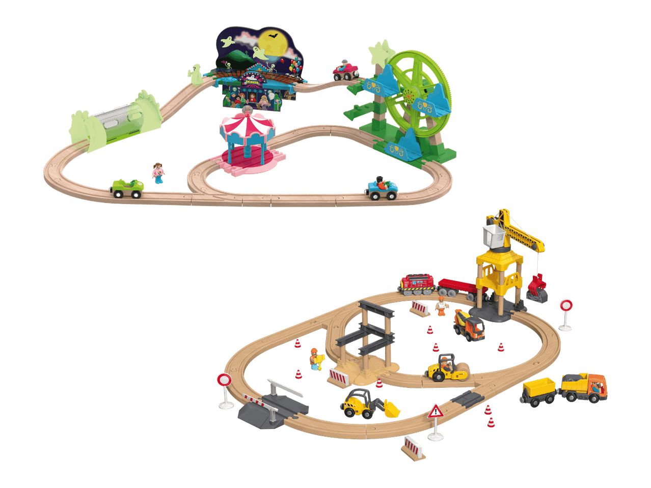 Kaksi puista junarataa, toinen huvipuisto- ja toinen rakennusteemalla.