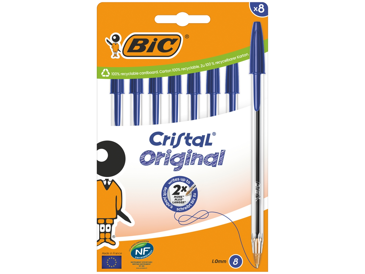 Pachet de 8 pixuri albastre BIC Cristal Original, 1.0 mm, cu carton 100% reciclabil.