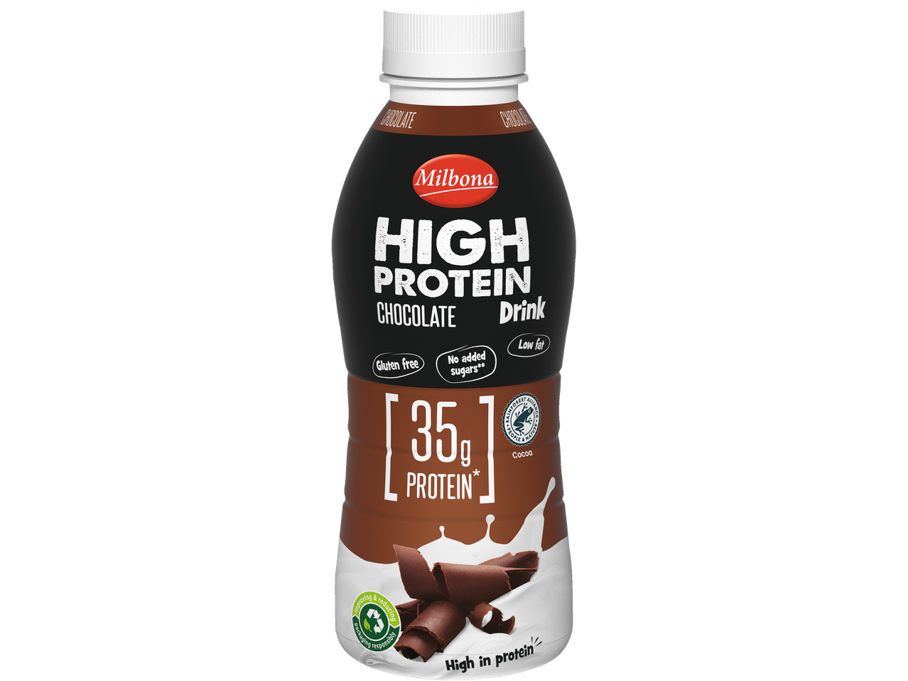 Bebida proteica de chocolate Milbona, 35g de proteína, sem glúten, sem adição de açúcares, baixo teor de gordura.