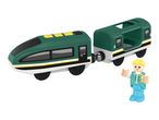 Green toy train with two carriages and a blonde figure in a teal jacket.
