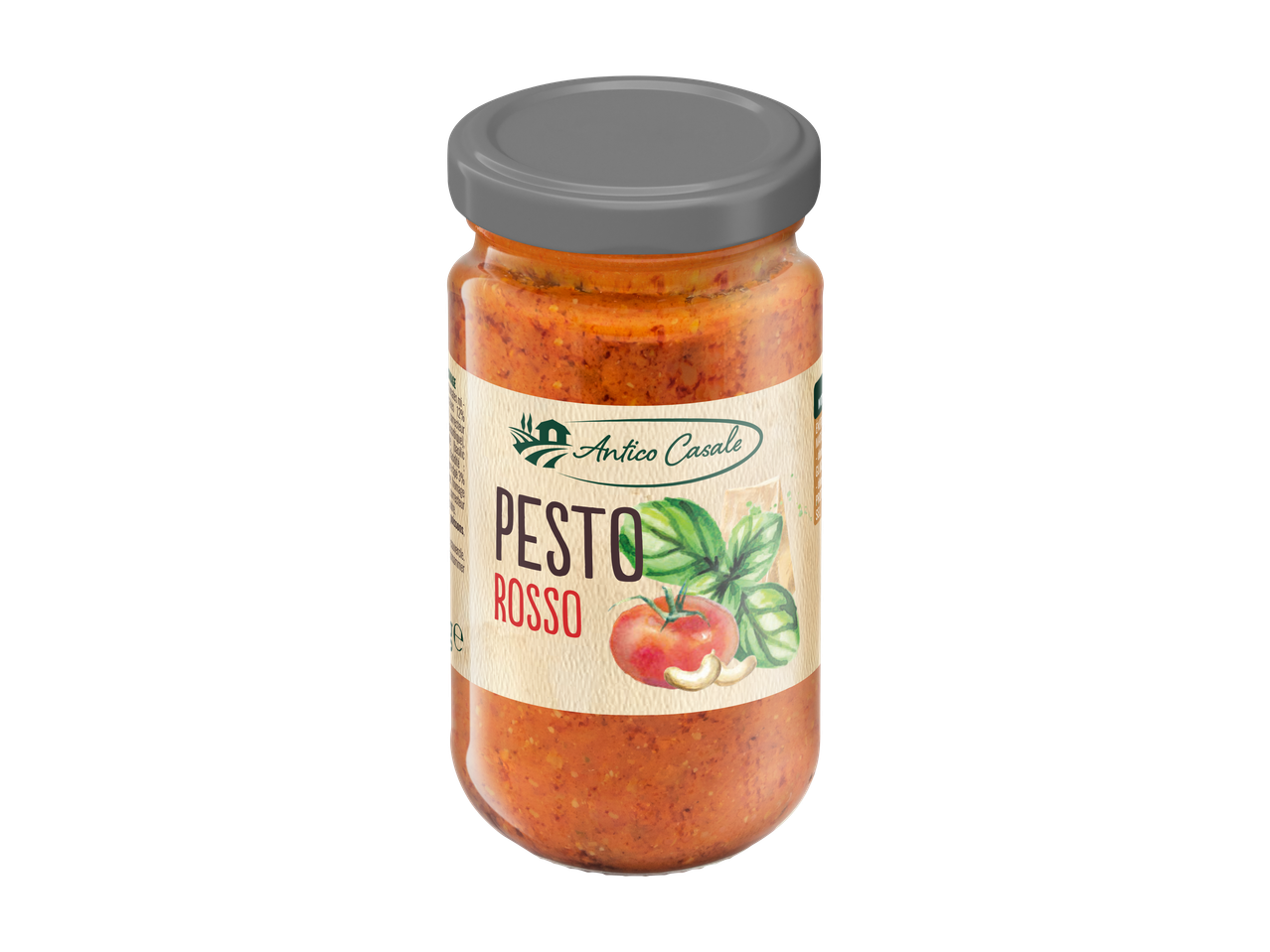 Bocal de pesto rosso Antico Casale avec tomates, basilic et noix de cajou.