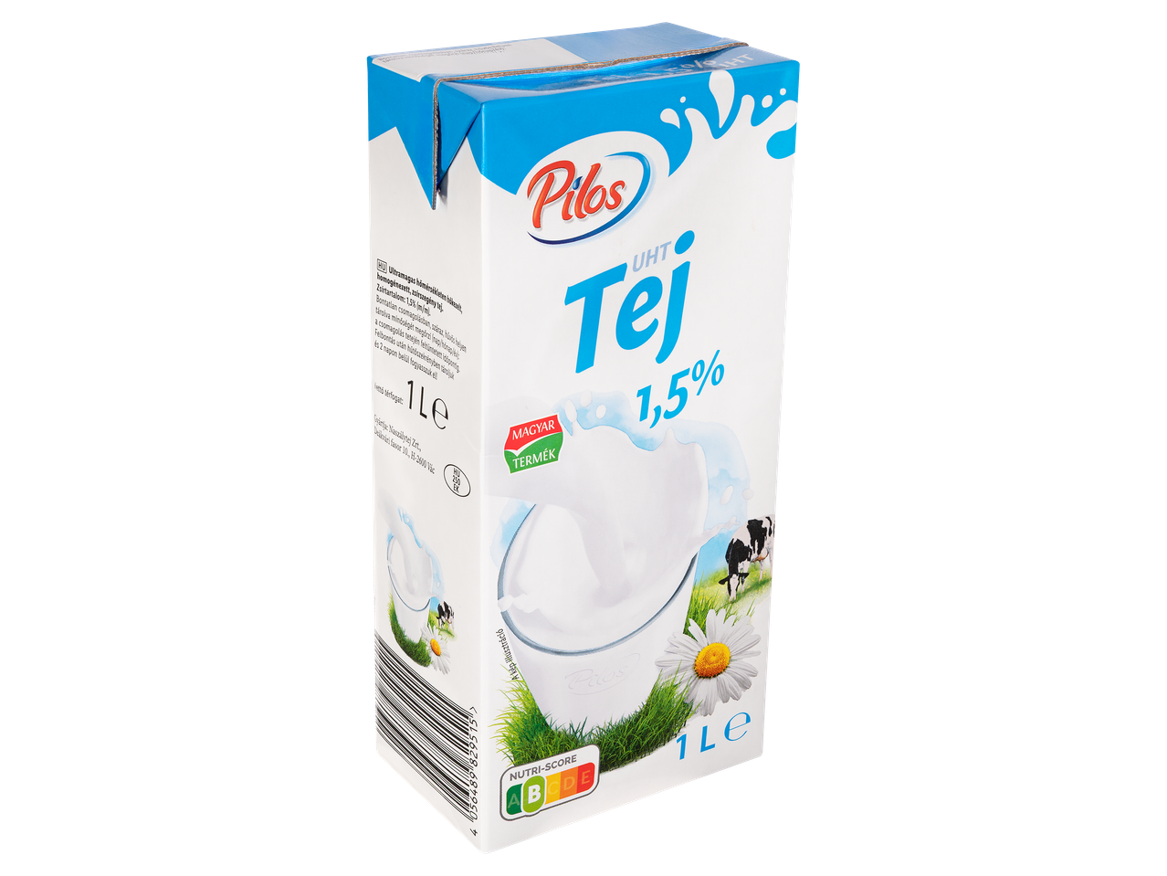 Fehér dobozos tej 1,5% zsírtartalommal, magyar termék jelöléssel és Nutri-Score címkével.