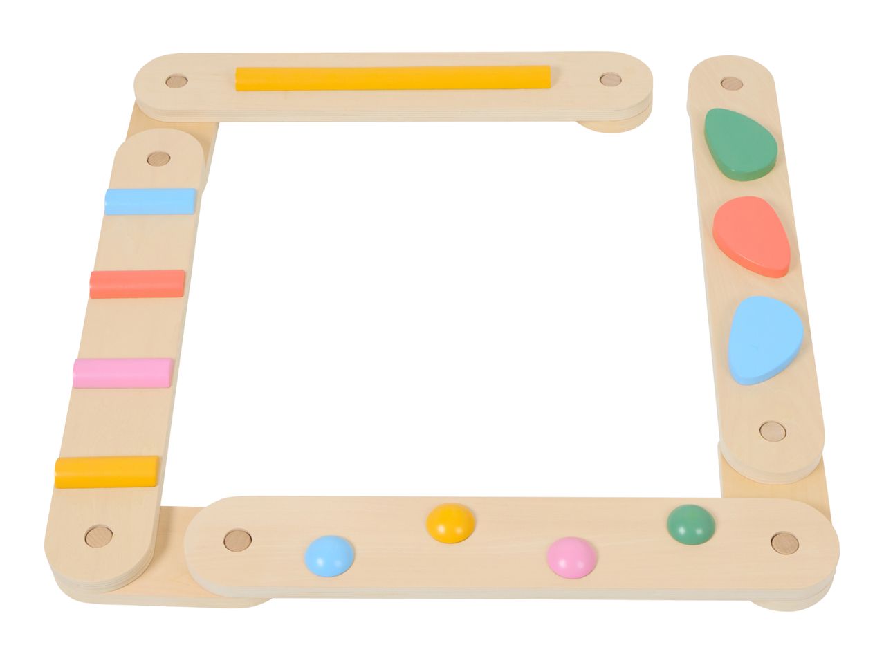 Wooden baby activity frame with colorful shapes and bars.